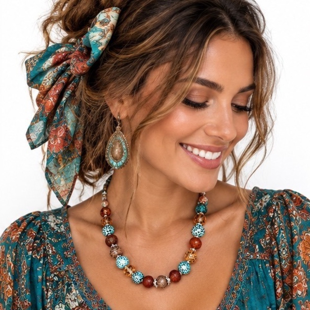 Bohemian Chunky Bead Necklace Turquoise Leopard Print Dotted Brown Statement